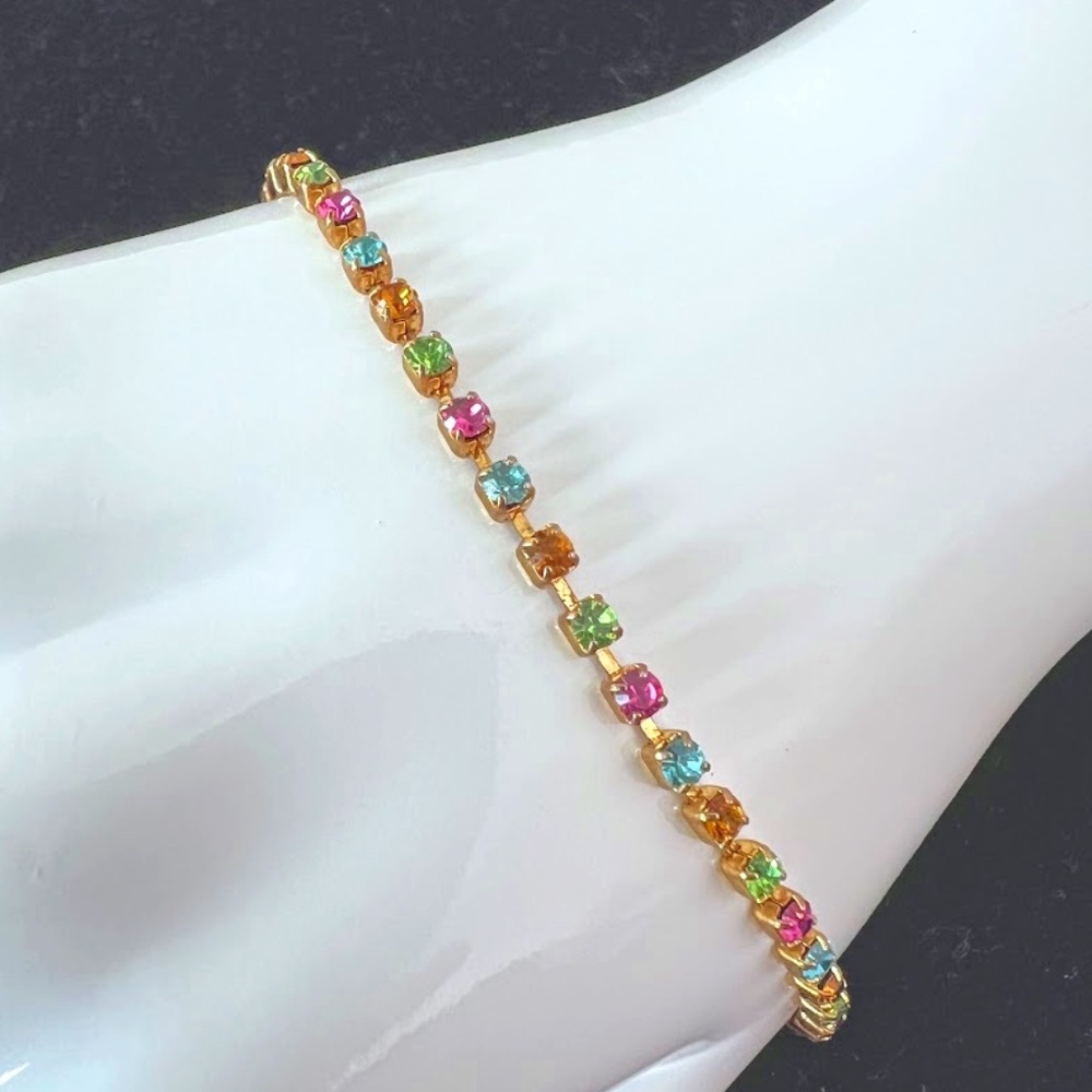 Rainbow Emerald Shaped Crystal Gold Tone Bracelet - Picture 1 of 9